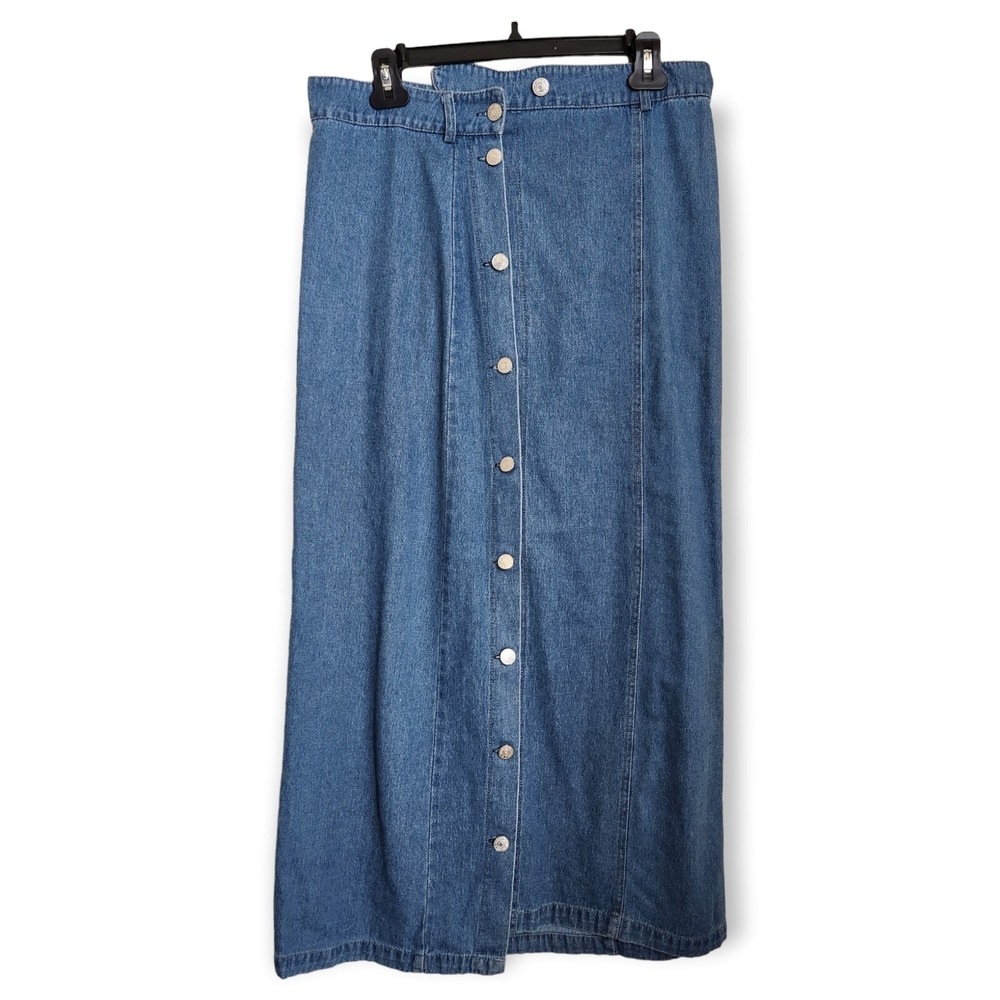 Vintage Button Front Denim Maxi Midi Skirt sz M/L Asymmetrical Waist